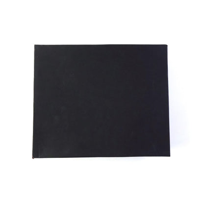 Top-down view of a plain black rectangular gift box on a white background.