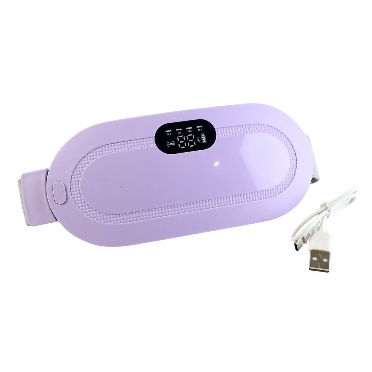 A lavender heating pad with a digital display and a white USB charging cable on a white background.