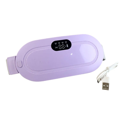 A lavender heating pad with a digital display and a white USB charging cable on a white background.