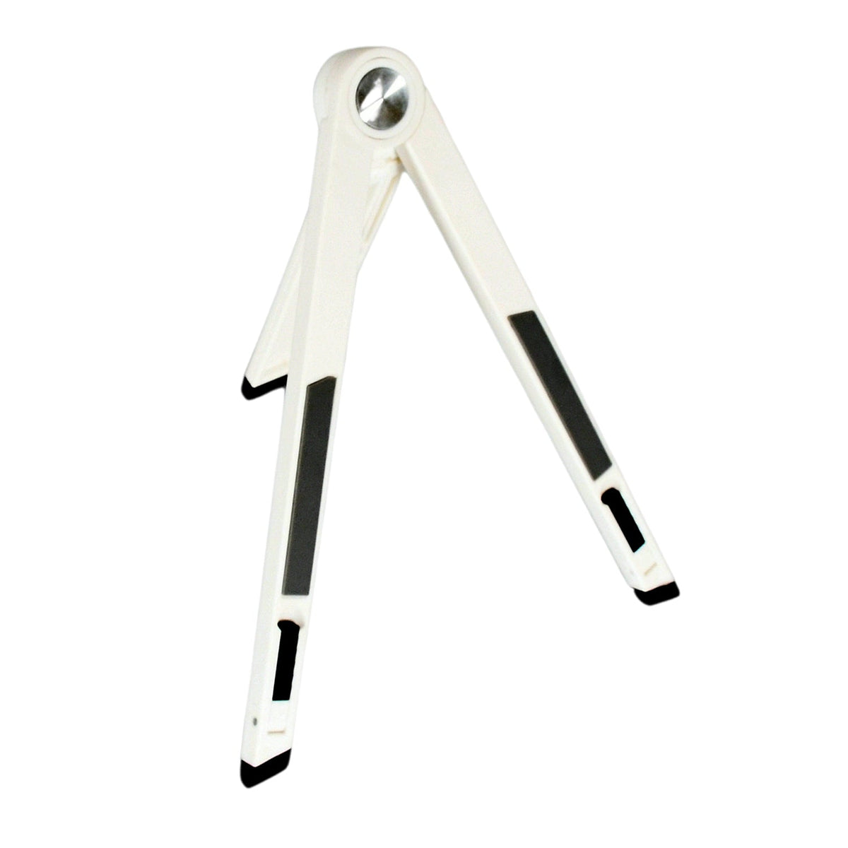 A white foldable stand with black grip pads is displayed open on a plain white background.