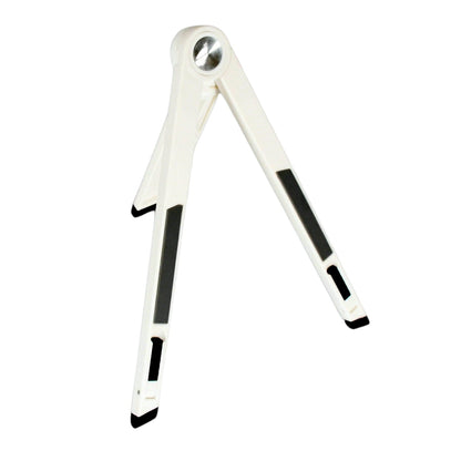 A white foldable stand with black grip pads is displayed open on a plain white background.
