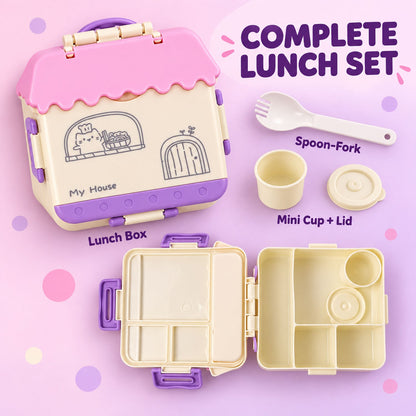 A complete lunch set featuring a closed house-shaped lunch box, an open box, a spoon-fork, and a mini cup with lid.