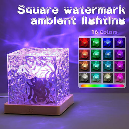 A crystal cube lamp projecting purple ripples, with a grid of 16 different color options shown on the right.