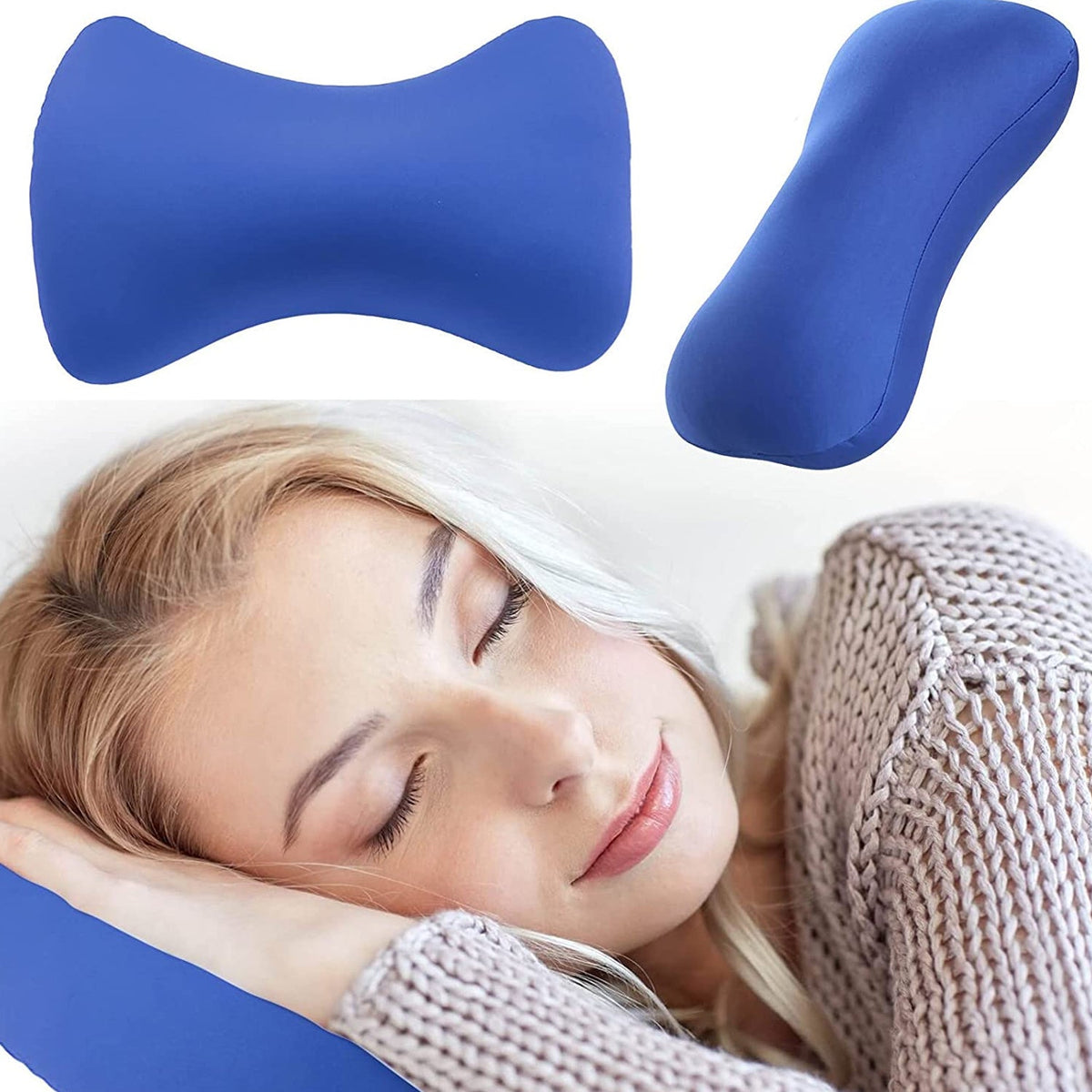 A long, light blue microbead pillow with a smooth texture is centered on a white background.