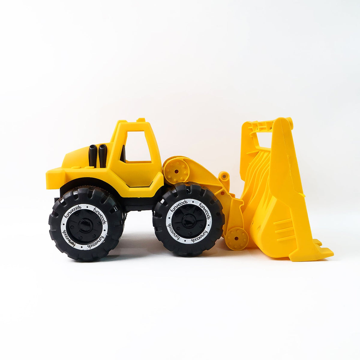 A yellow toy front-end loader with its scoop lowered, positioned on a clean white background.