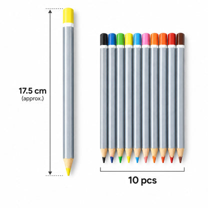 A single gray hexagonal pencil is shown with a 17.5 cm length measurement, next to a group of ten pencils with a “10 pcs”