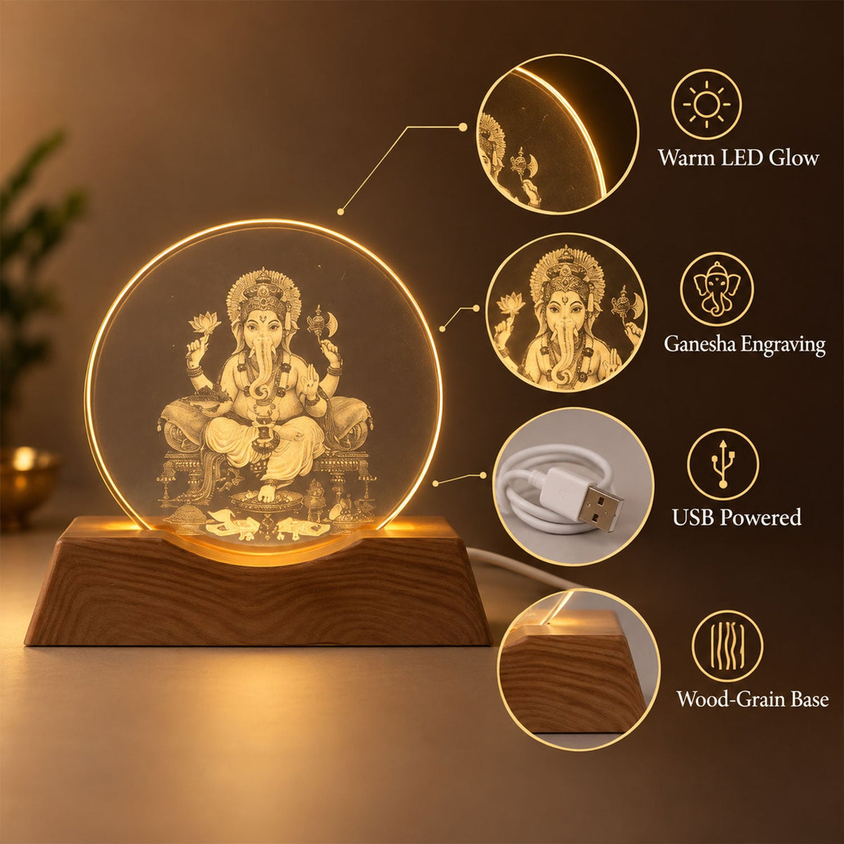 Ganesha LED lamp with a wooden base, highlighting its warm glow, detailed engraving, USB power, and wood grain.