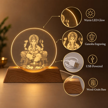 Ganesha LED lamp with a wooden base, highlighting its warm glow, detailed engraving, USB power, and wood grain.