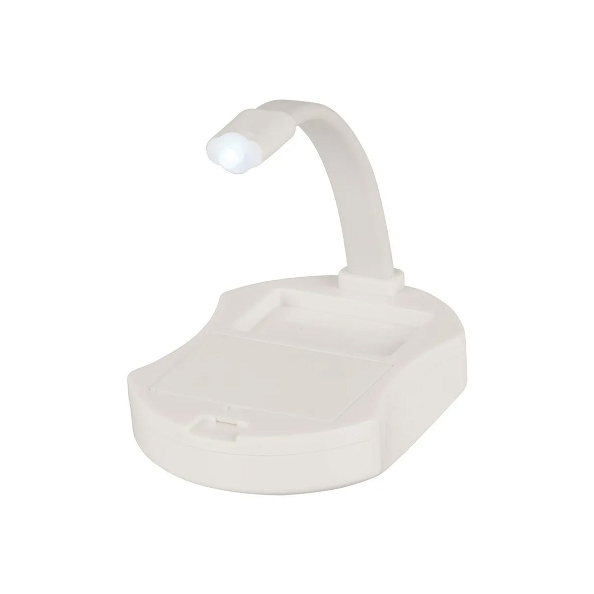 White motion sensor toilet light with a flexible arm, emitting a bright white light, against a plain white background.