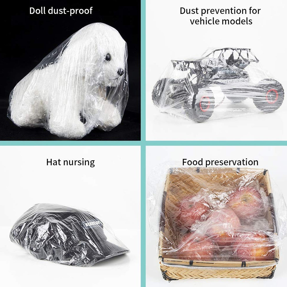 Four images showing uses for the caps: protecting a doll, vehicle model, hat, and food.