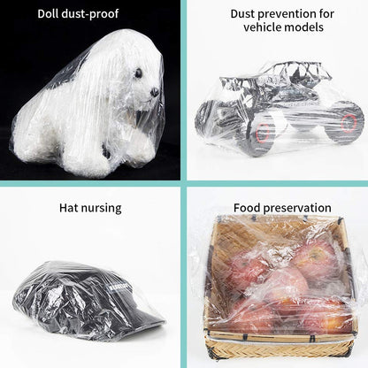 Four images showing uses for the caps: protecting a doll, vehicle model, hat, and food.