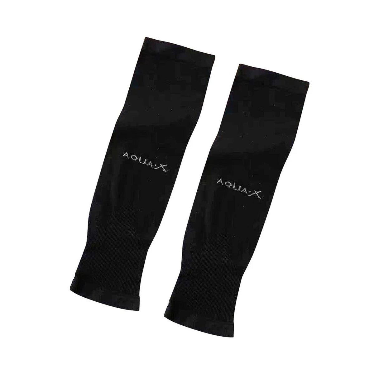 A pair of black compression sleeves with the white AQUA-X logo visible on a white background.