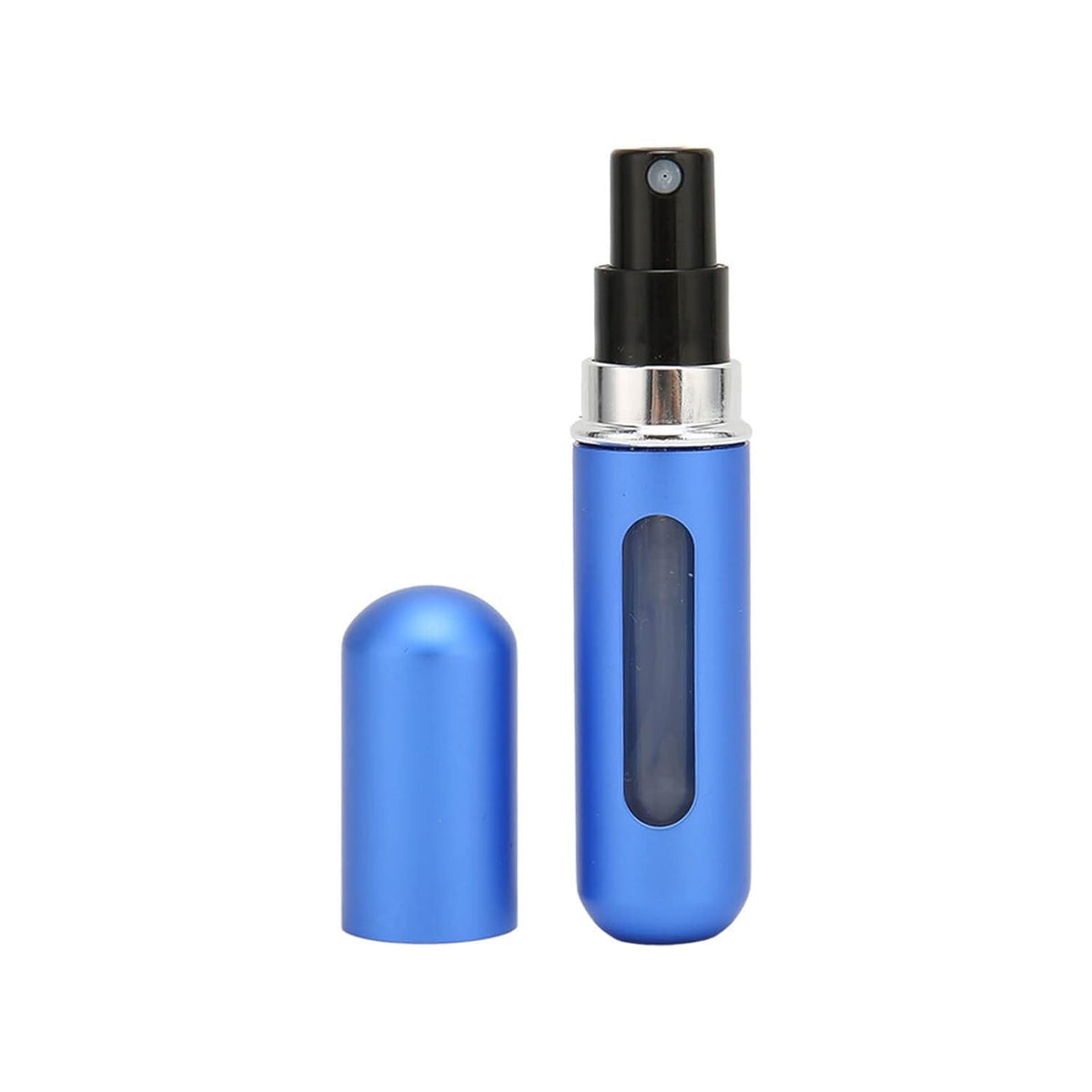 A vibrant blue refillable perfume spray bottle stands with its matching cap removed, revealing the black spray nozzle and