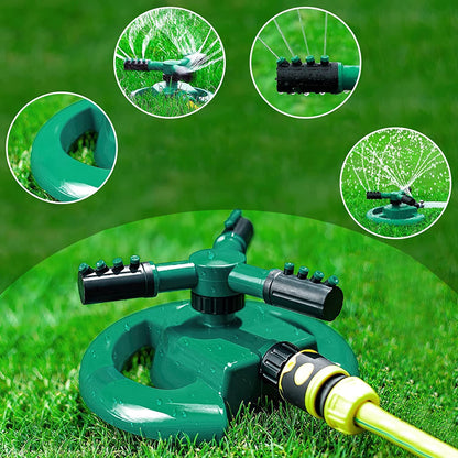 A teal and black garden sprinkler with four inset images showing its features and use.
