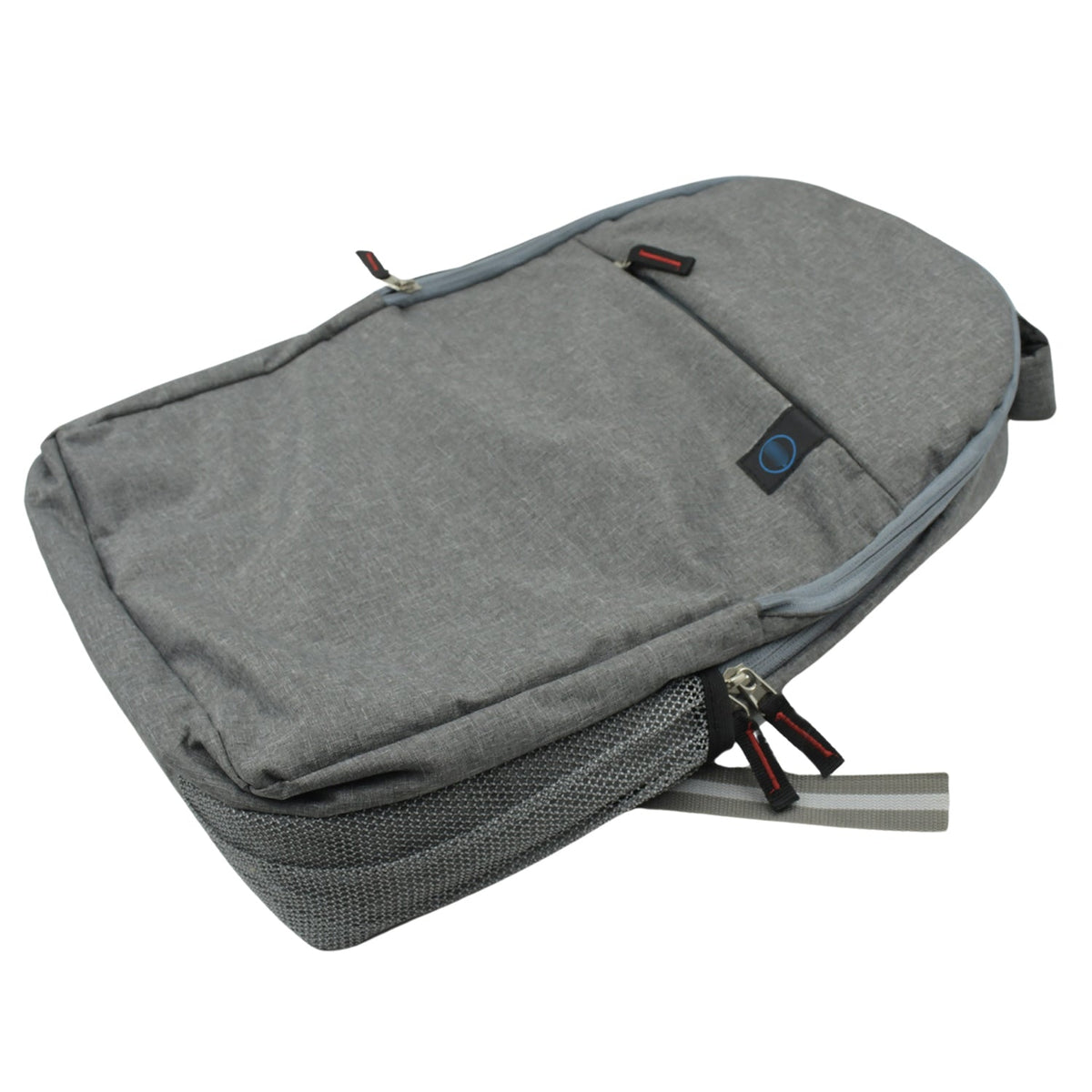 A grey backpack with a mesh side pocket and red-accented zippers lies on a white surface.