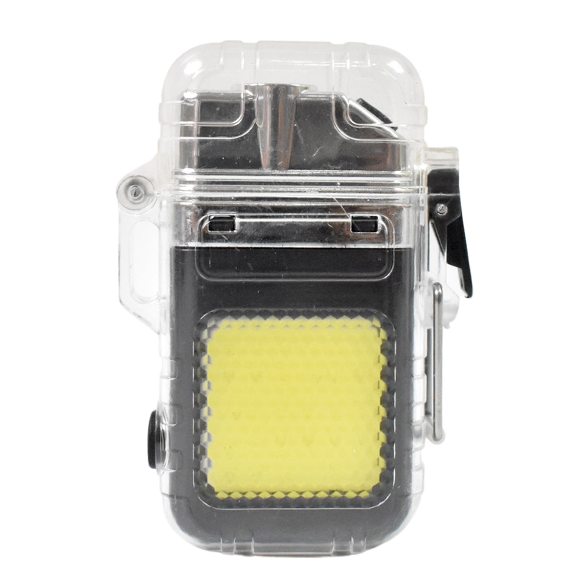 A clear waterproof electric lighter and flashlight with a yellow COB light, shown against a plain white background.