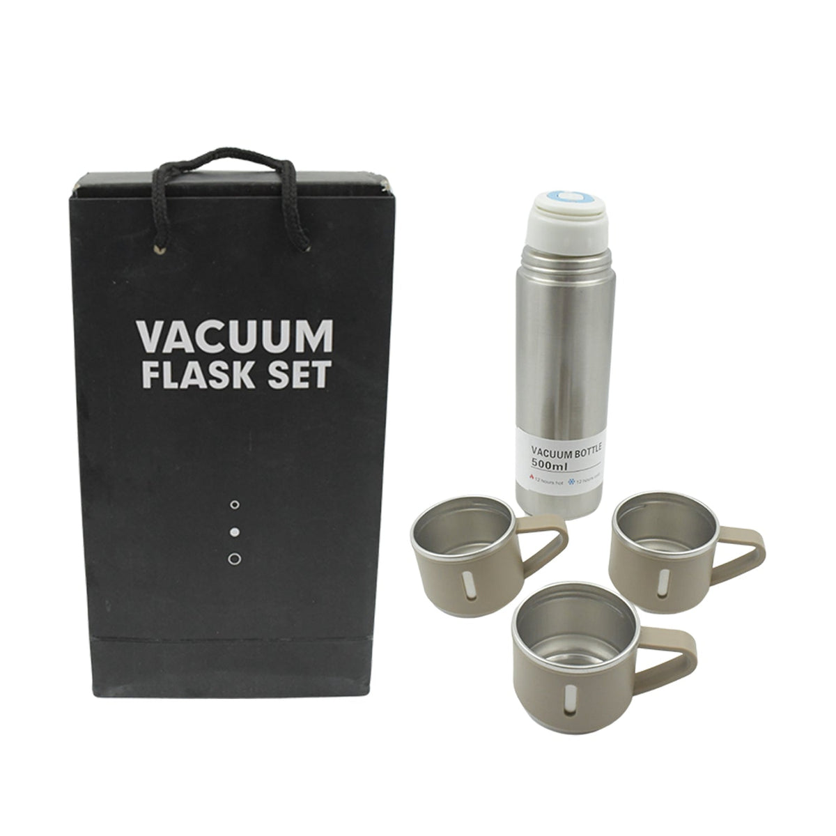 A black gift bag, a silver vacuum flask, and three beige mugs are arranged on a clean white background.