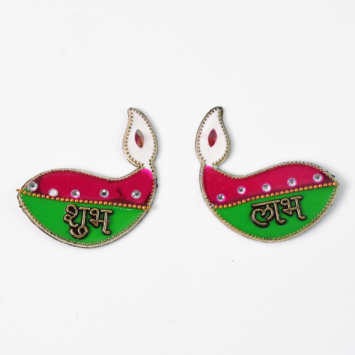 Two identical diya-shaped stickers, one with 'Shubh' and the other with 'Labh', on a plain white background.