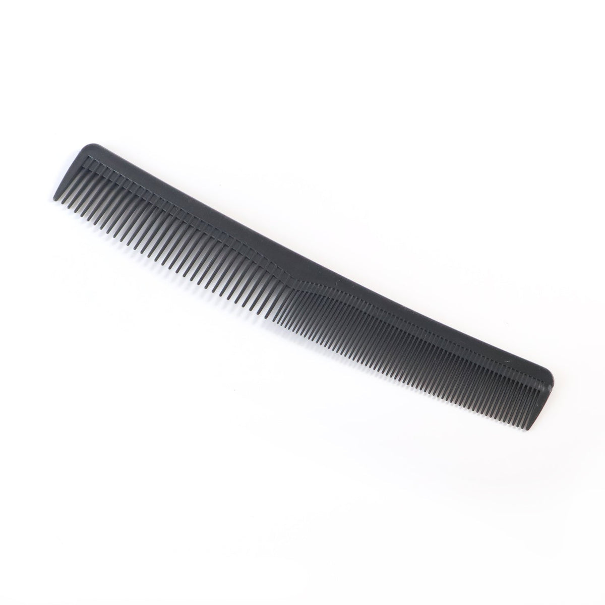 A black dual-tooth comb with fine and wide teeth lies diagonally on a white background.
