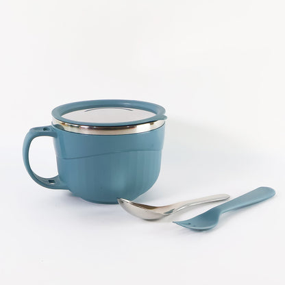 A blue insulated bowl with its lid on, accompanied by a silver spoon and a blue fork on a white background.
