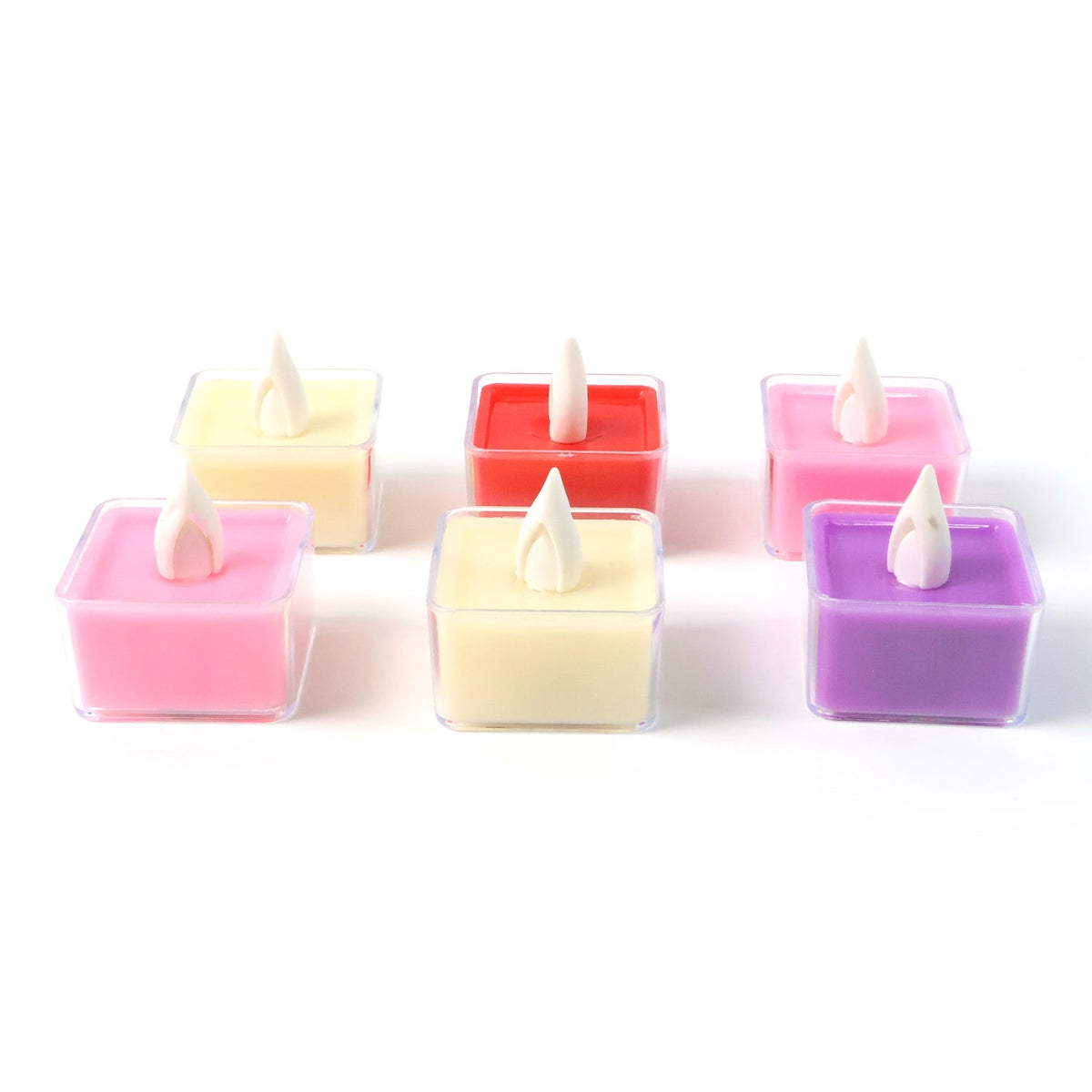 Six unlit square LED flameless tealight candles in yellow, red, and pink, with white plastic flames.