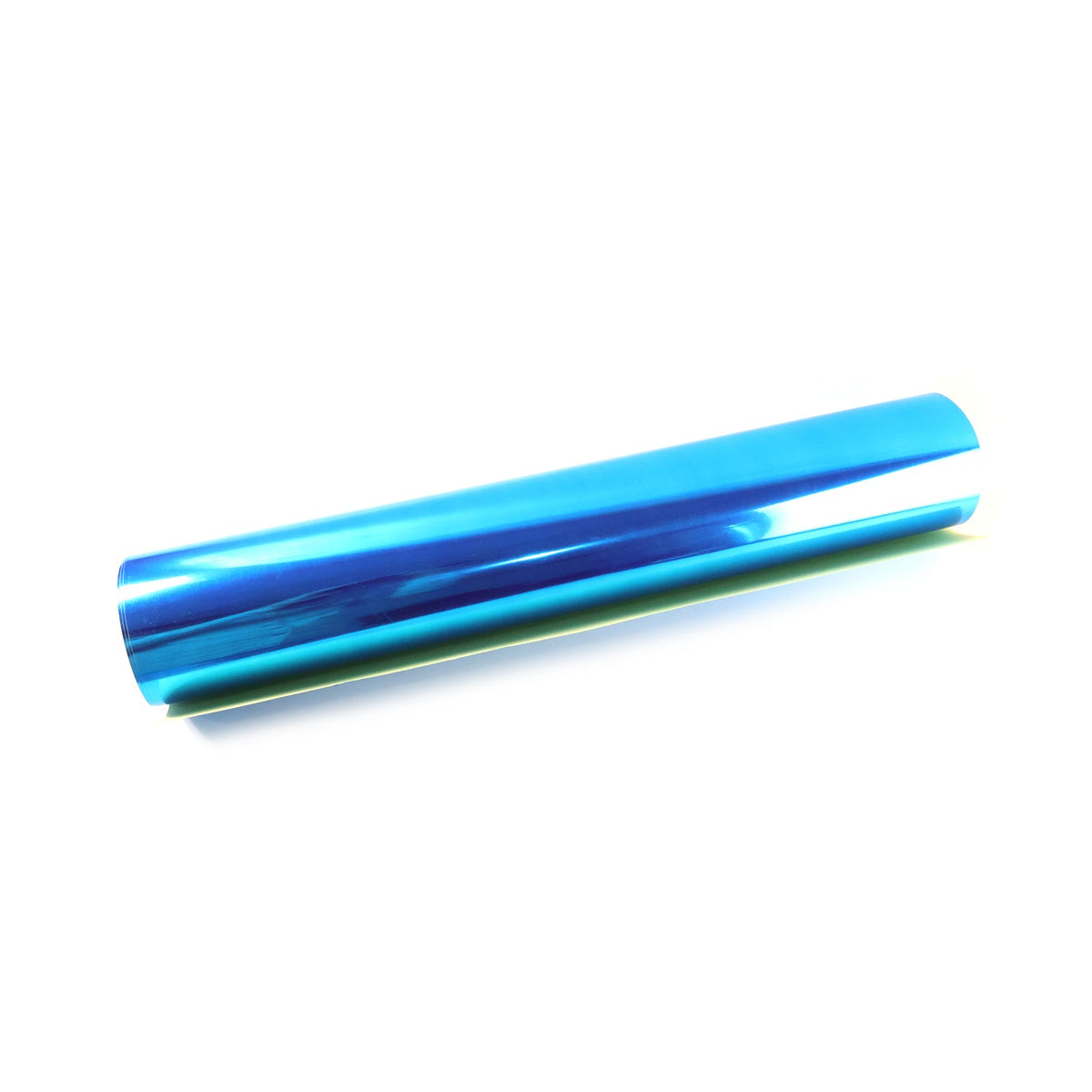 A rolled-up sheet of shiny blue mirror film on a white background.
