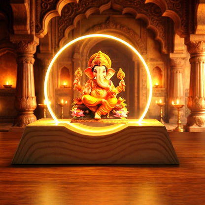 Lord Ganesha LED lamp on a wooden base with a golden glow in a temple setting.
