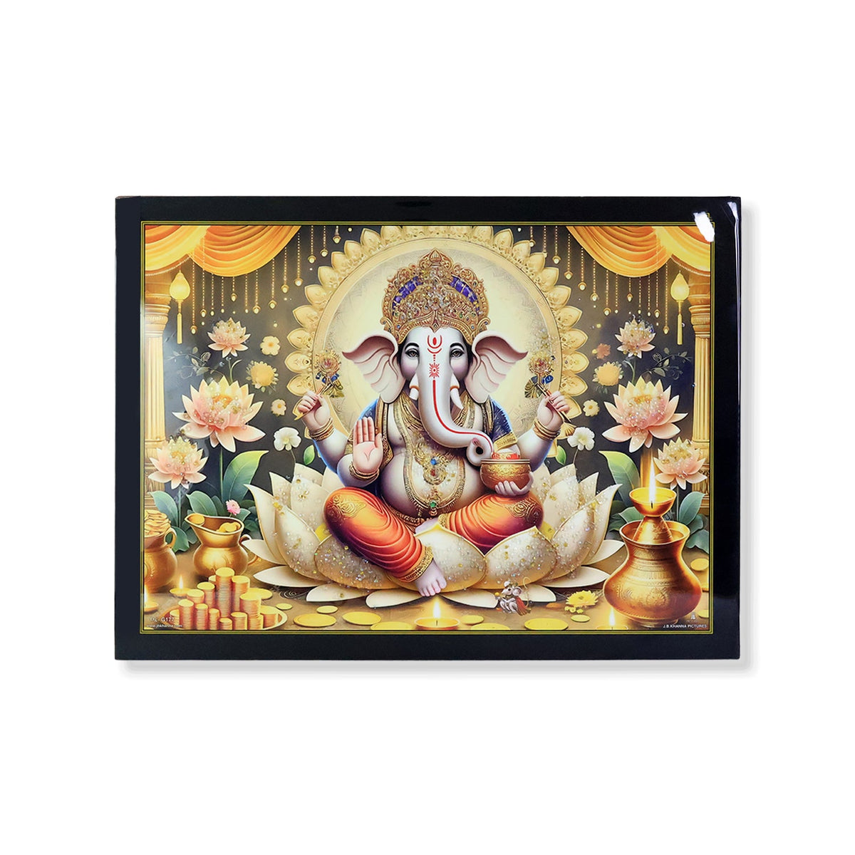Lord Ganesha painting in a black frame, sitting on a lotus with gold coins and lamps around him, on a white background.