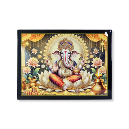 Lord Ganesha painting in a black frame, sitting on a lotus with gold coins and lamps around him, on a white background.