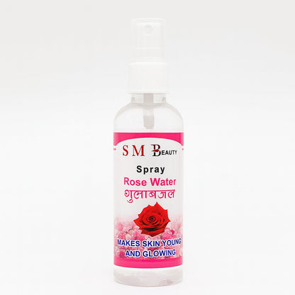 A clear bottle of SM Beauty rose water spray with a pink label featuring a red rose is centered on a white background.
