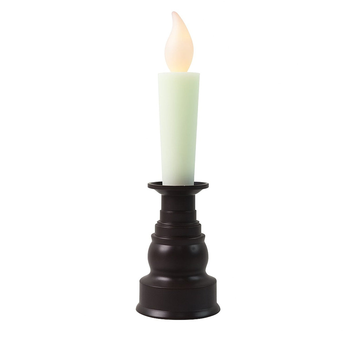 A single cream LED candle with a flickering flame in a dark bronze holder on a white background.