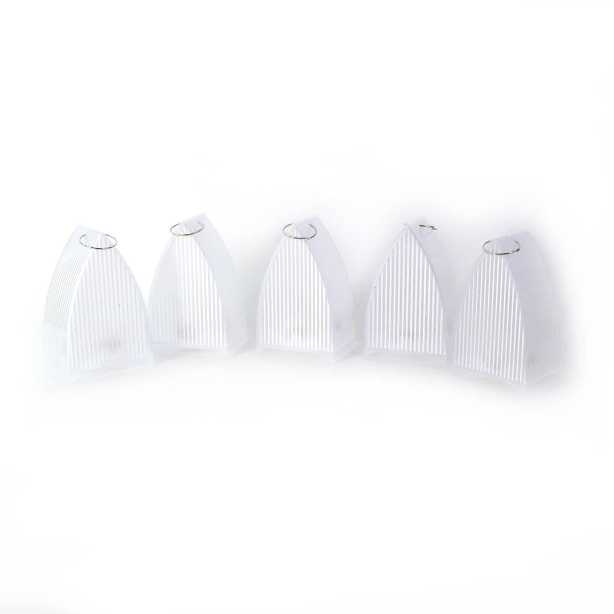 Five clear plastic ribbed lanterns with small metal hooks on top, arranged in a row on a white background.