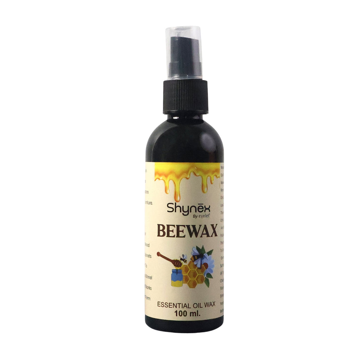 A black 100ml spray bottle of Shynex Beeswax essential oil wax with a clear cap on a white background.