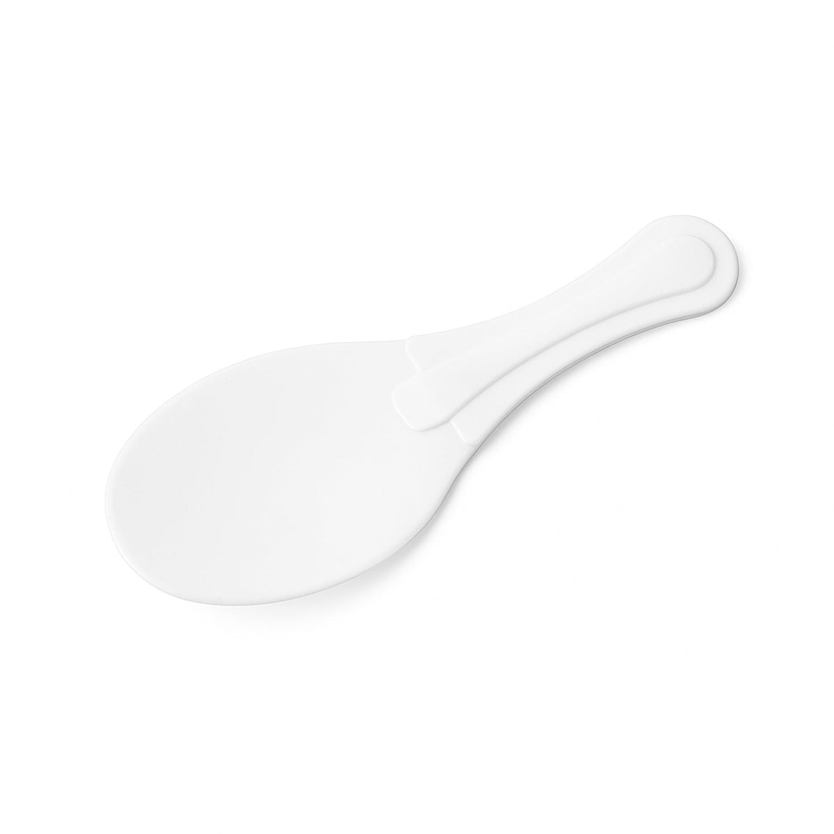 A white plastic rice serving paddle with a textured handle is shown on a plain white background.