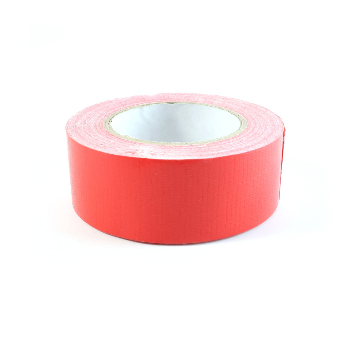 A single roll of red tape on a white background