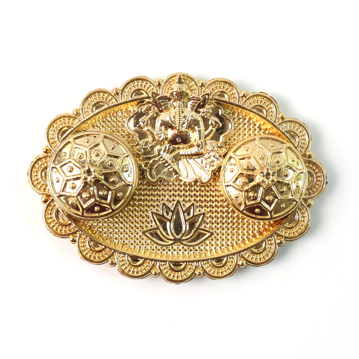 A gold-finished chopra with an embossed Ganesh, two ornate round containers, and a lotus design on a plain white background.