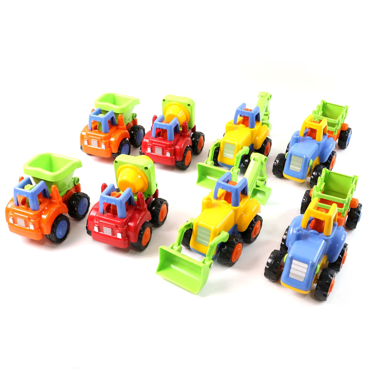 Eight colorful plastic construction vehicle toys, including dump trucks, cement mixers, and excavators, on a white