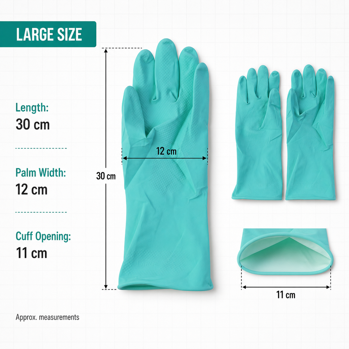 A teal rubber glove is shown with measurements for length, palm width, and cuff opening, alongside smaller images of the