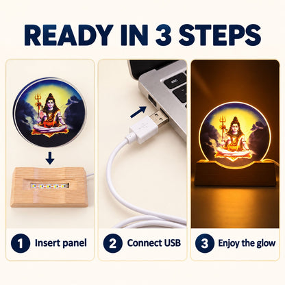 Three-step instruction guide showing how to assemble the Shiva panel into the base, connect the USB, and enjoy the lamp.