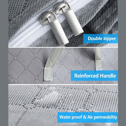Close-up views of the grey storage bag showing a double zipper, reinforced handle, and waterproof, air-permeable fabric.