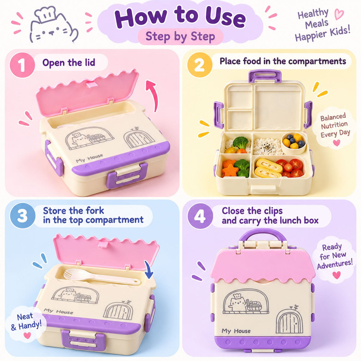A four-step guide on how to use the house-shaped lunch box, from opening the lid to carrying it.