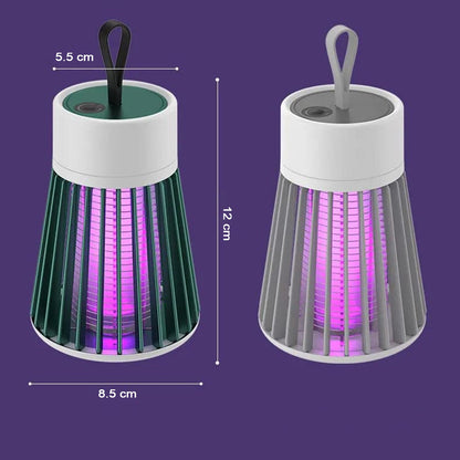 Two Mosquito Killer Lamps, one green and one gray, both with purple light, are shown with dimensions on a purple background.