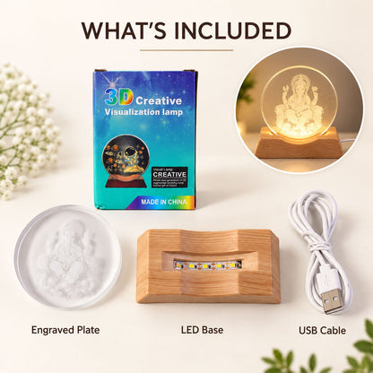 Components of the Ganesha LED lamp: engraved plate, LED base, USB cable, and packaging box.
