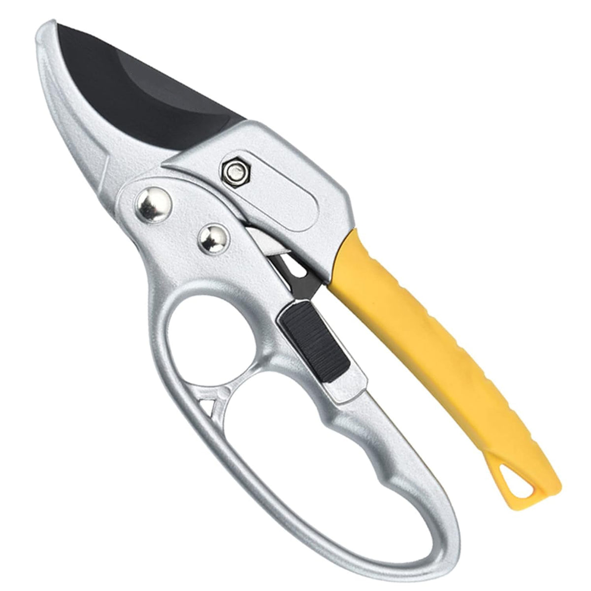 Silver and yellow pruning shears with black blades on a plain white background.