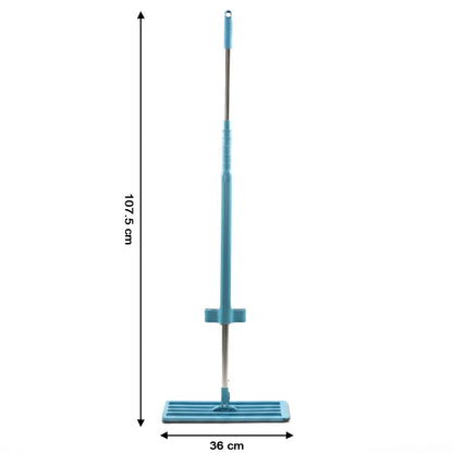 A full view of the blue and silver flat mop with dimensions of 107.5 cm height and 36 cm width.
