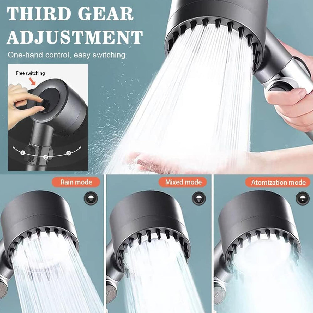 A graphic showing the shower head's three modes: Rain, Mixed, and Atomization, with water spraying from each.