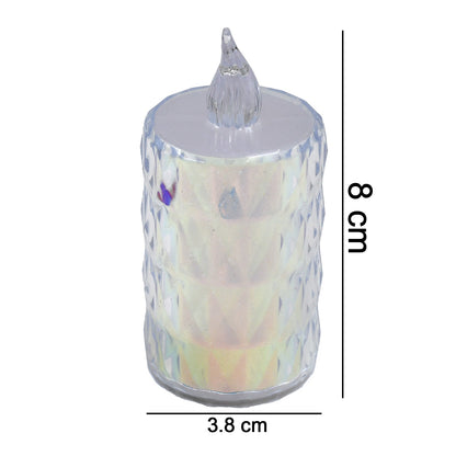 A single unlit LED tea light with a clear textured body and a white top, showing dimensions of 8cm by 3.8cm.