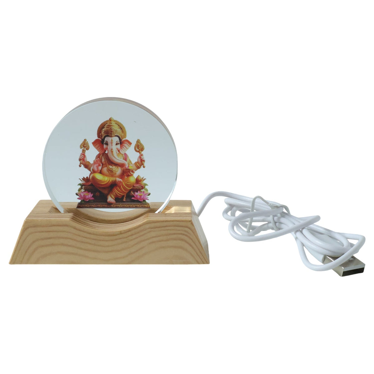 Lord Ganesha LED lamp unlit, showing the acrylic Ganesha figure and a white USB cable.