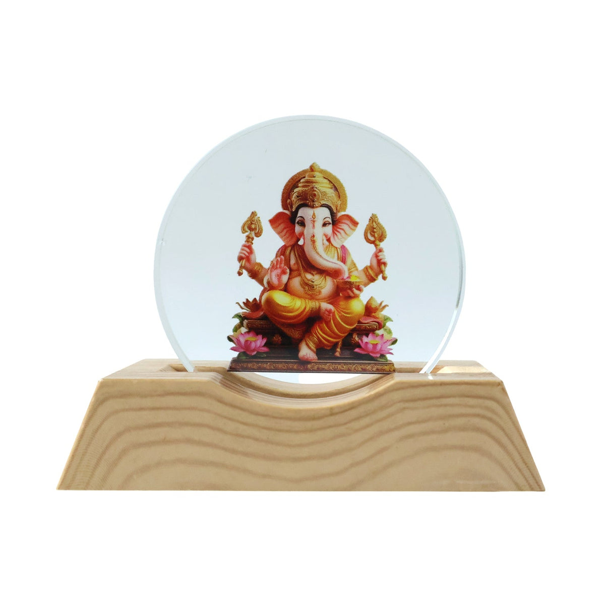 Lord Ganesha LED lamp unlit, showing the acrylic Ganesha figure on a light wooden base.