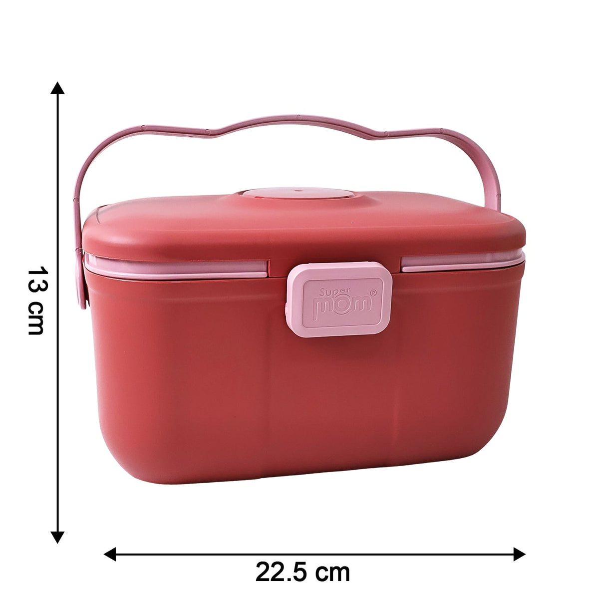 Closed red and pink plastic storage box with a wavy pink handle and 'Super Mom' clasp, with dimensions 13cm by 22.5cm.